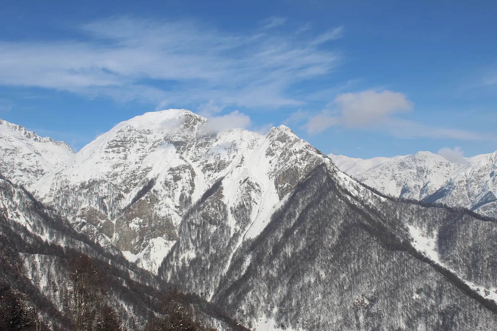 Snow-covered peaks of the Gabala mountains in winter